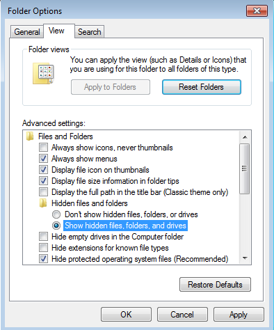 chọn Show hidden files, folders, and drives
