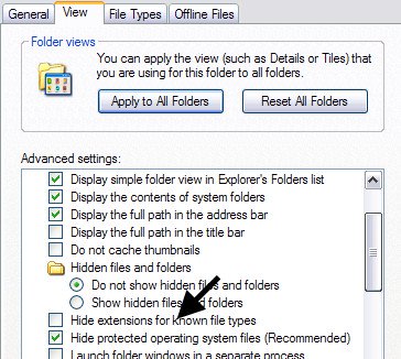 Bỏ tích mục Hide extensions for known file types