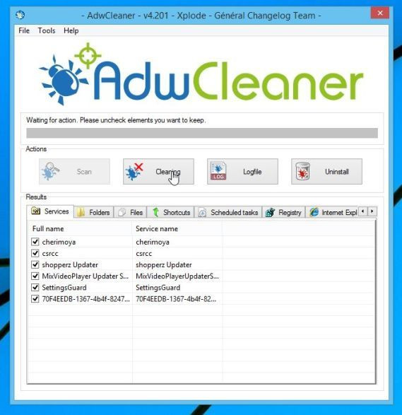 Để loại bỏ các tập tin độc hại được AdwCleaner phát hiện, click chọn nút Cleaning