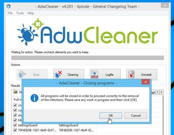 AdwCleaner sẽ thông báo bạn lưu lại bất kỳ các tập tin hoặc tài liệu